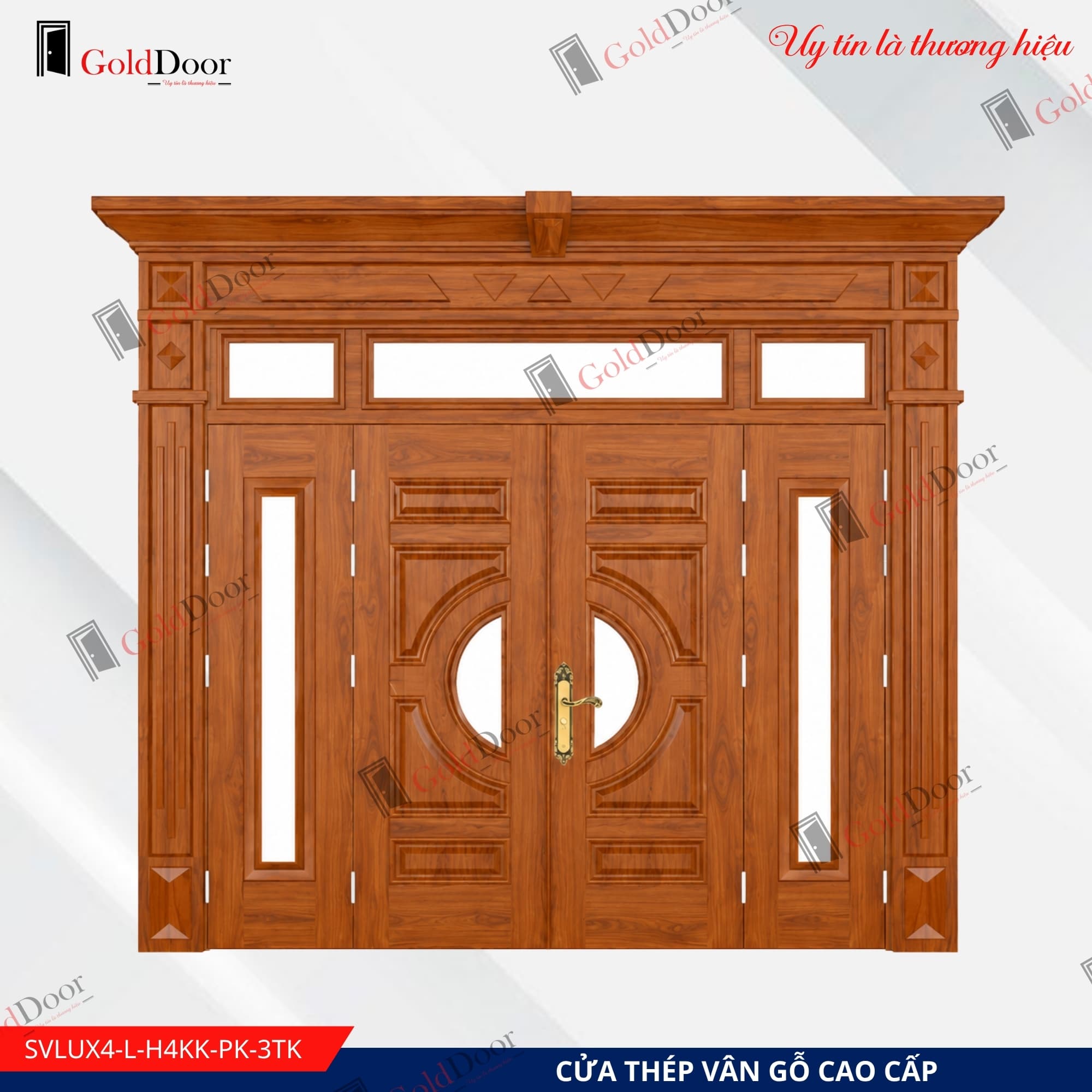 Cửa thép vân gỗ Luxury 4 cánh GoldDoor SVLUX4-L-H4KK-PK-3TK