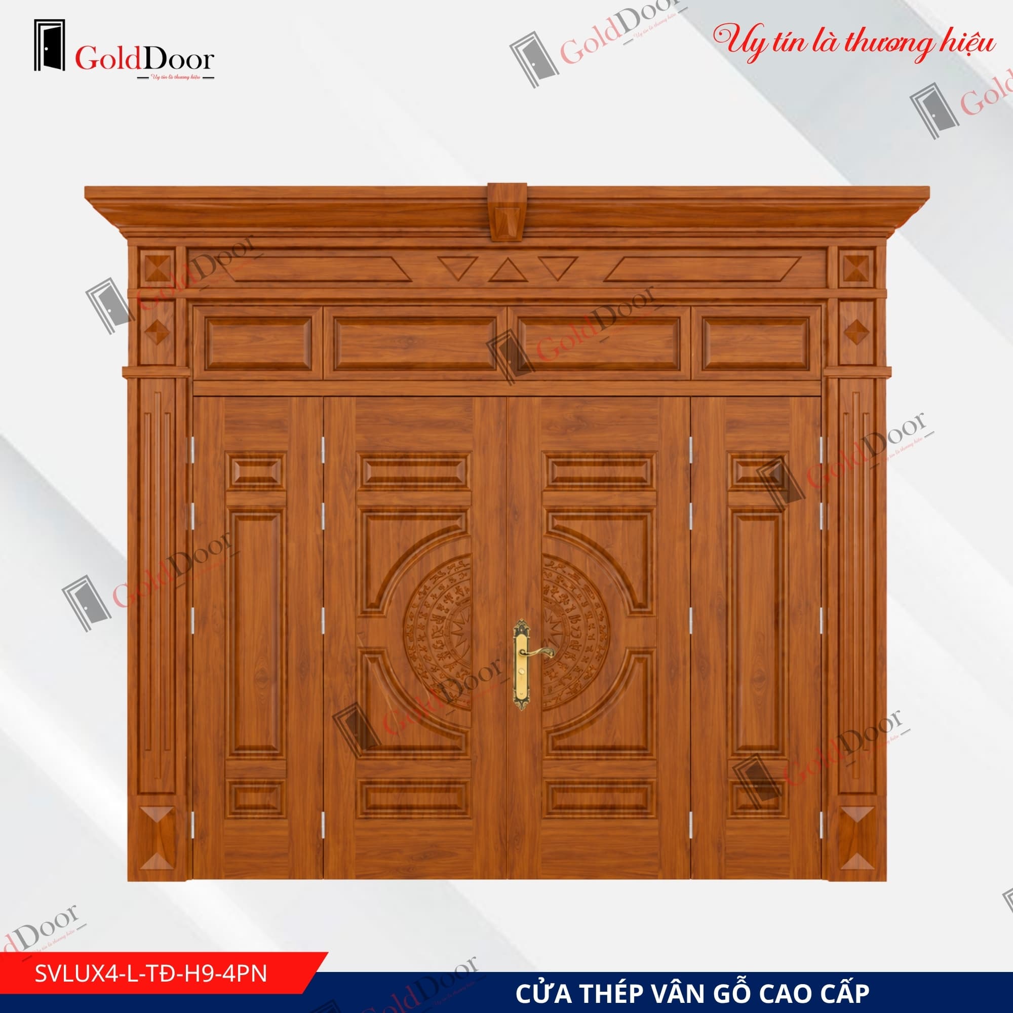 Cửa thép vân gỗ Luxury 4 cánh GoldDoor SVLUX4-L-TĐ-H9-4PN